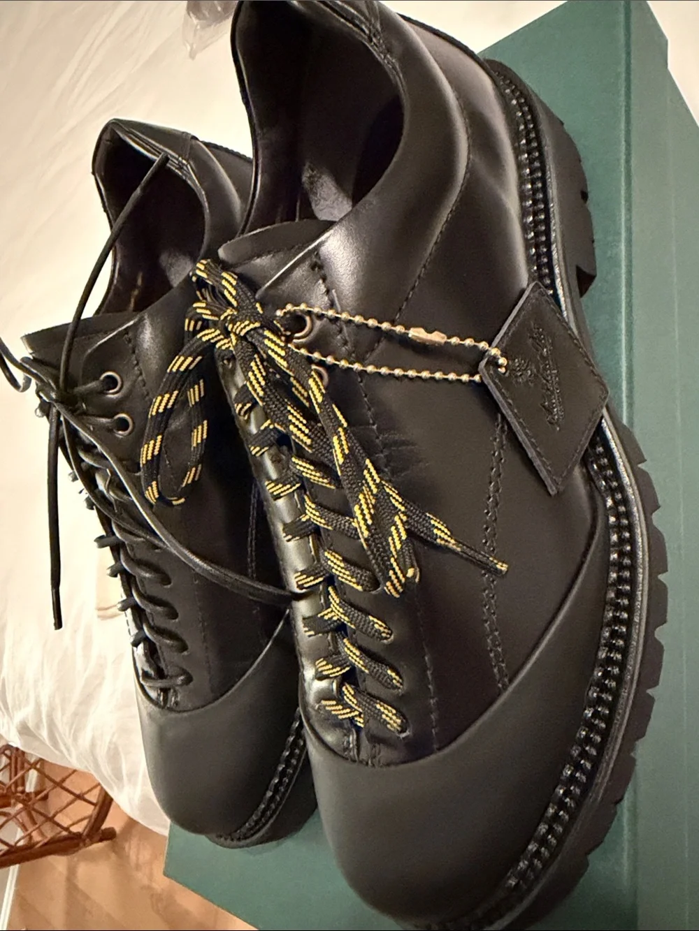 Aime Leon Dore Black Leather Derby Shoes with Yellow-Accent Laces